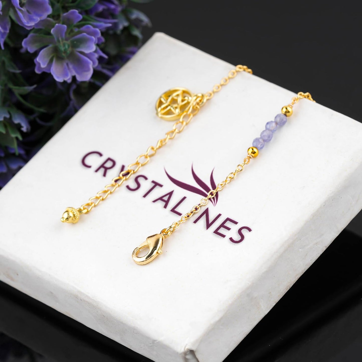 CRYSTALINES Natural Blue Tanzanite Gemstone Beads, Handmade Station Dangle Star Charms Anklet, 14K Gold Plated, Adjustable Fashion Boho Jewelry for Women, Healing Crystals, Christmas Gift