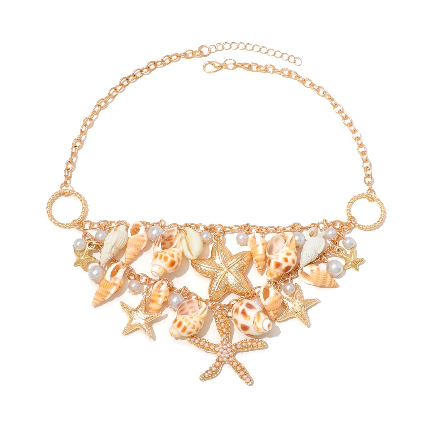Shell Starfish Necklace for Women Conch Shell Starfish Pearl Necklace Seahorse Necklace Bohemian Chunky Choker Necklace Sea Shell Pearl Choker Collar Neck Mermaid Costume Jewelry Beach Jewelry (Gold)