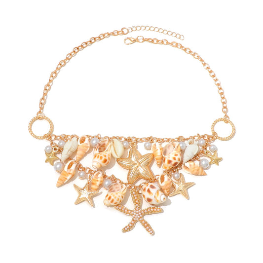 Shell Starfish Necklace for Women Conch Shell Starfish Pearl Necklace Seahorse Necklace Bohemian Chunky Choker Necklace Sea Shell Pearl Choker Collar Neck Mermaid Costume Jewelry Beach Jewelry (Gold)