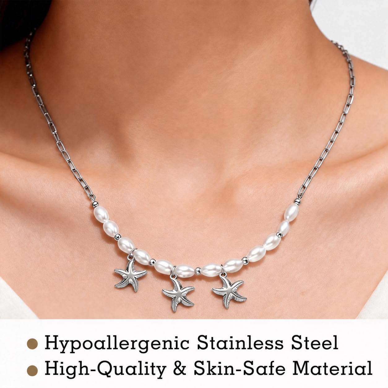 Starfish Necklace for Women: 14K Gold Plated 3-Piece Pendant with 10 Simulated Pearls on Stainless Steel Chain | Cute Boho Beach Jewelry Gift for Summer (Silver)
