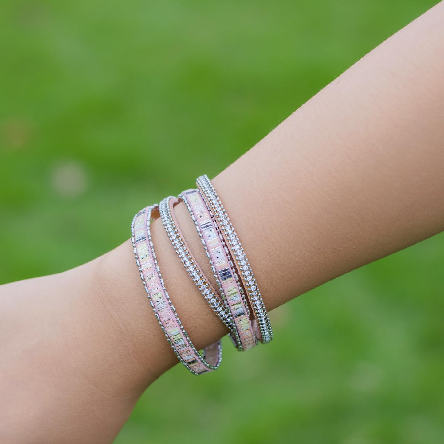 FANCY SHINY Boho Leather Wrap Bracelet Stackable Crystal Rhinestone Bangle Cuff with Magnetic Clasp Trendy Bohemian Jewelry for Women(Pink)
