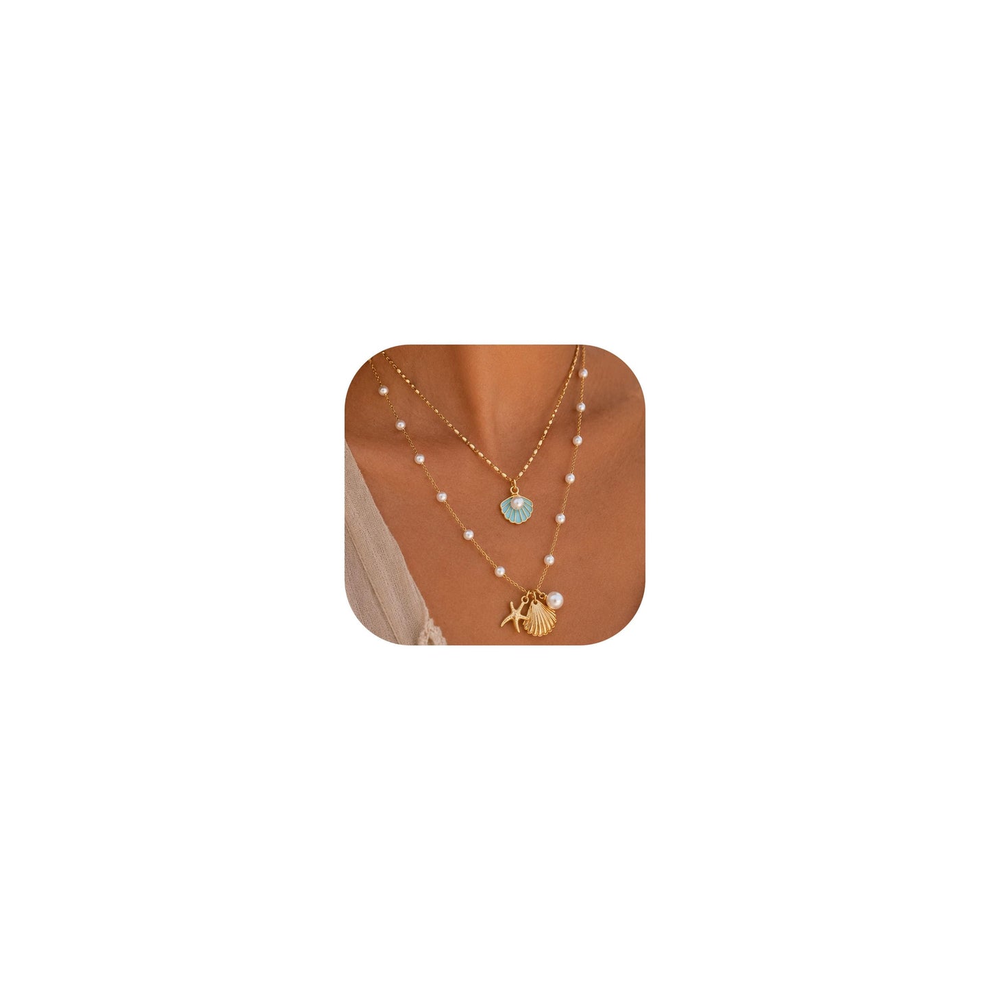 Gold Starfish Shell Necklace for Women Boho Layered Seashell Conch Shell Pearl Pendant Necklaces Set Bohemain Starfish Beach Necklaces Stack Beachy Summer Jewelry Outfits Accessories