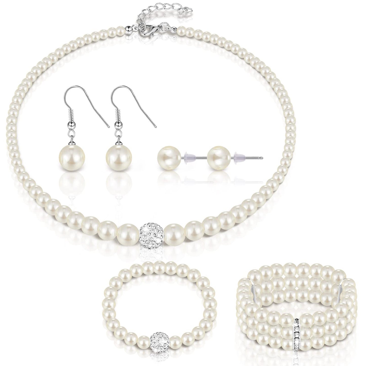 Glenmal Pearl Rhinestone Jewelry Set for Women Pearl Necklace Bracelet Earrings for Wedding Birthday Bridal Shower Tea Party(5 Pcs,Elegant Style)