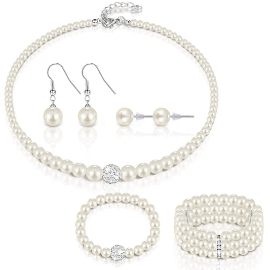 Glenmal Pearl Rhinestone Jewelry Set for Women Pearl Necklace Bracelet Earrings for Wedding Birthday Bridal Shower Tea Party(5 Pcs,Elegant Style)