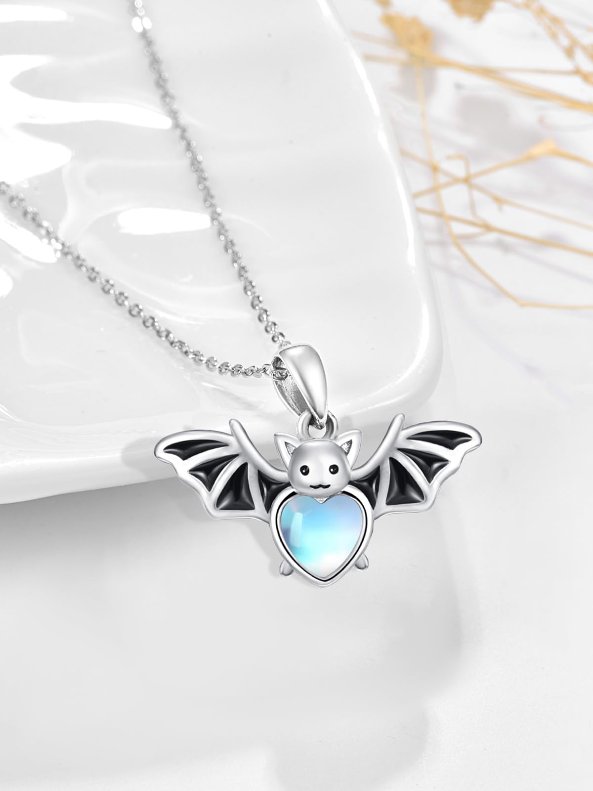 Dreamboat Bat Pendant Necklace for Women 925 Sterling Silver Moonstone Bat Animal Jewelry Halloween Birthday Gifts