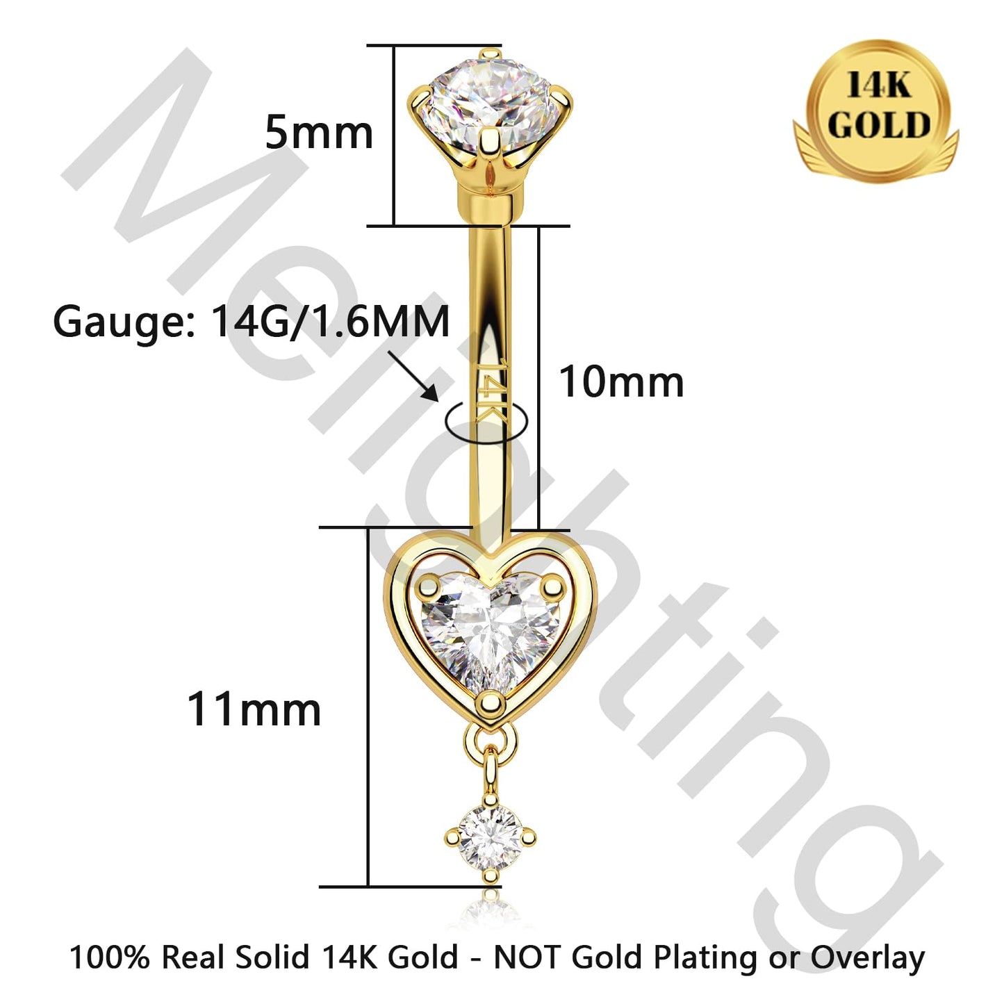 Melighting 14K Solid Gold Belly Button Ring Heart Belly Ring Gold Dangle Belly Piercing Jewelry 14G Navel Ring for Women