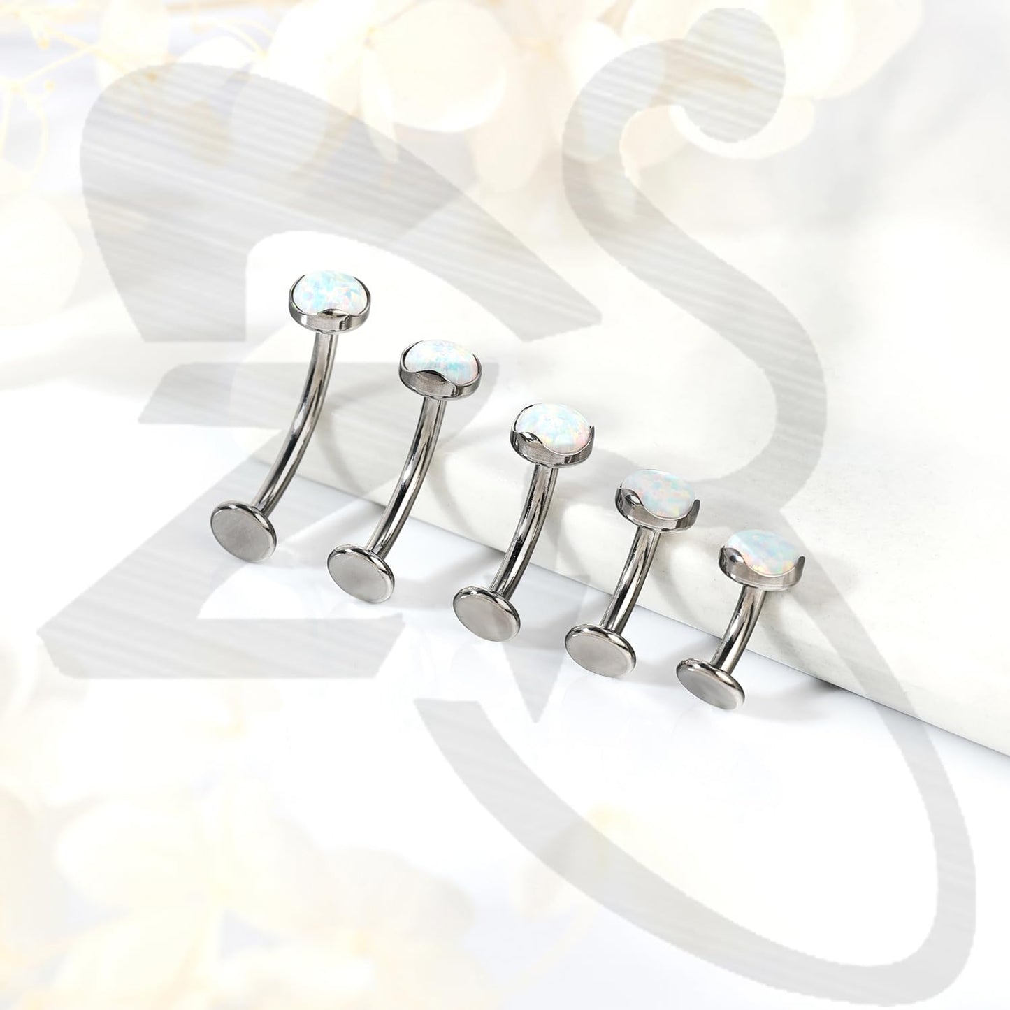 ZS ASTM F136 Titanium Belly Button Ring, 14G Opal Stones Navel Jewelry, 6/8/10/12/14MM Internally Threaded Long Bar Navel Barbell Stud Flat Back Belly Piercing (White Opal,L:12mm)