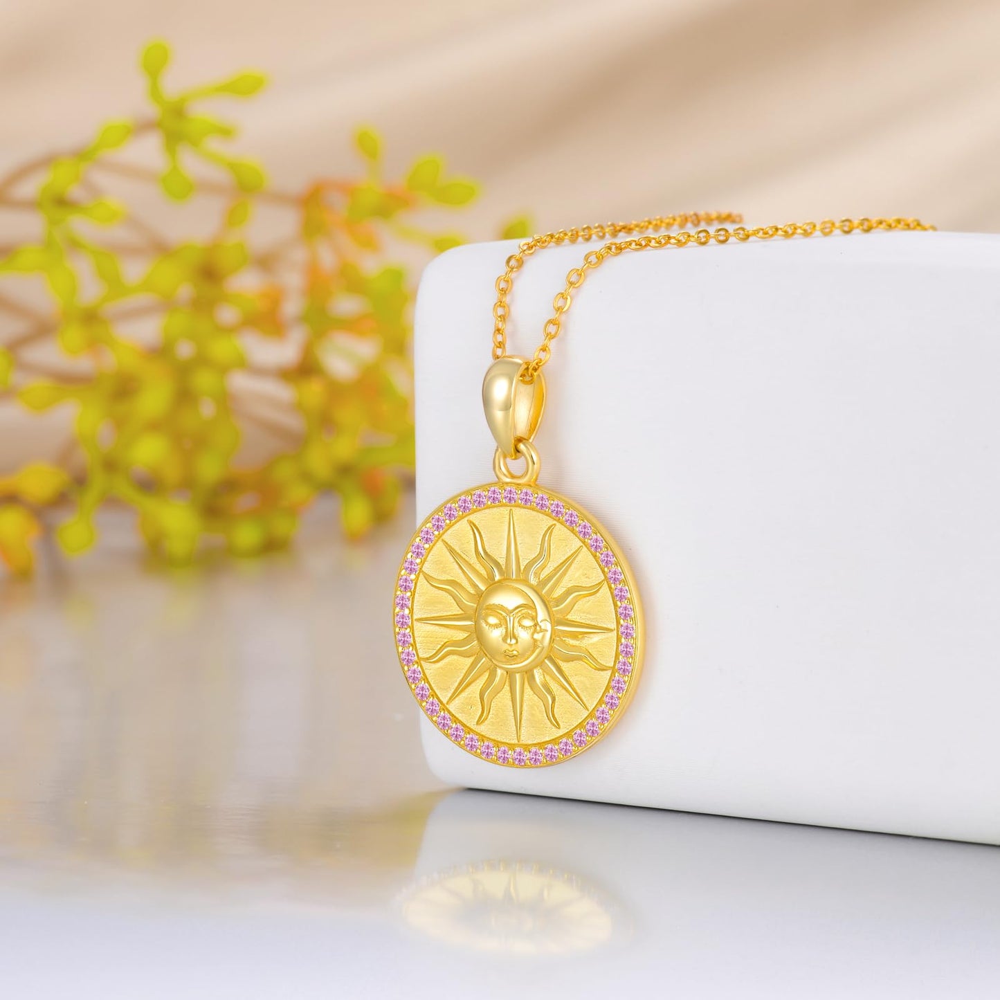 KQF Birthstone Sun Necklace for Women 925 Sterling Silver Sun and Moon Gold Plated Coin Pendant October Jewelry Gift