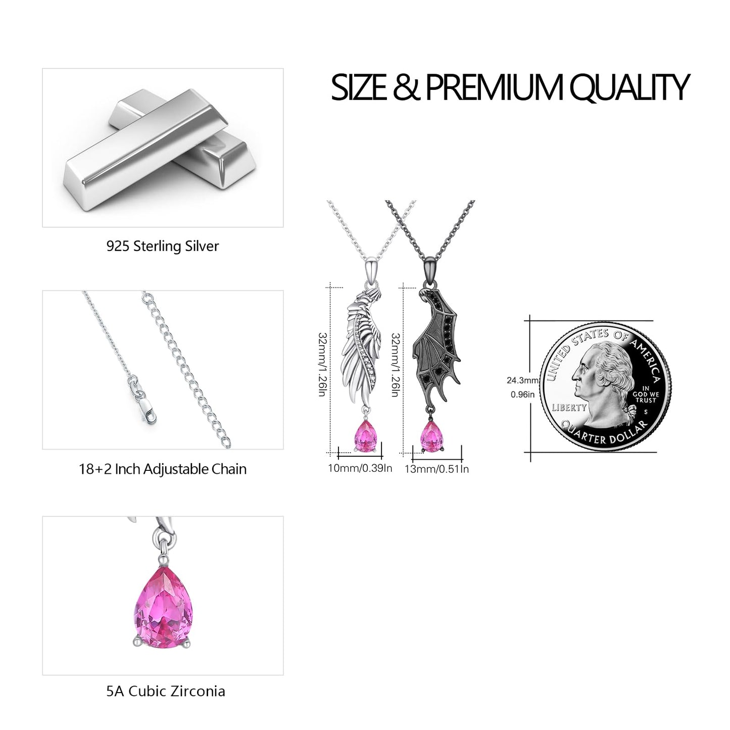 OHAYOO Angel Wings Couples Necklace, 925 Sterling Silver Gothic Angel and Devil Wing Necklace, Couple Jewelry Gift for Him and Her