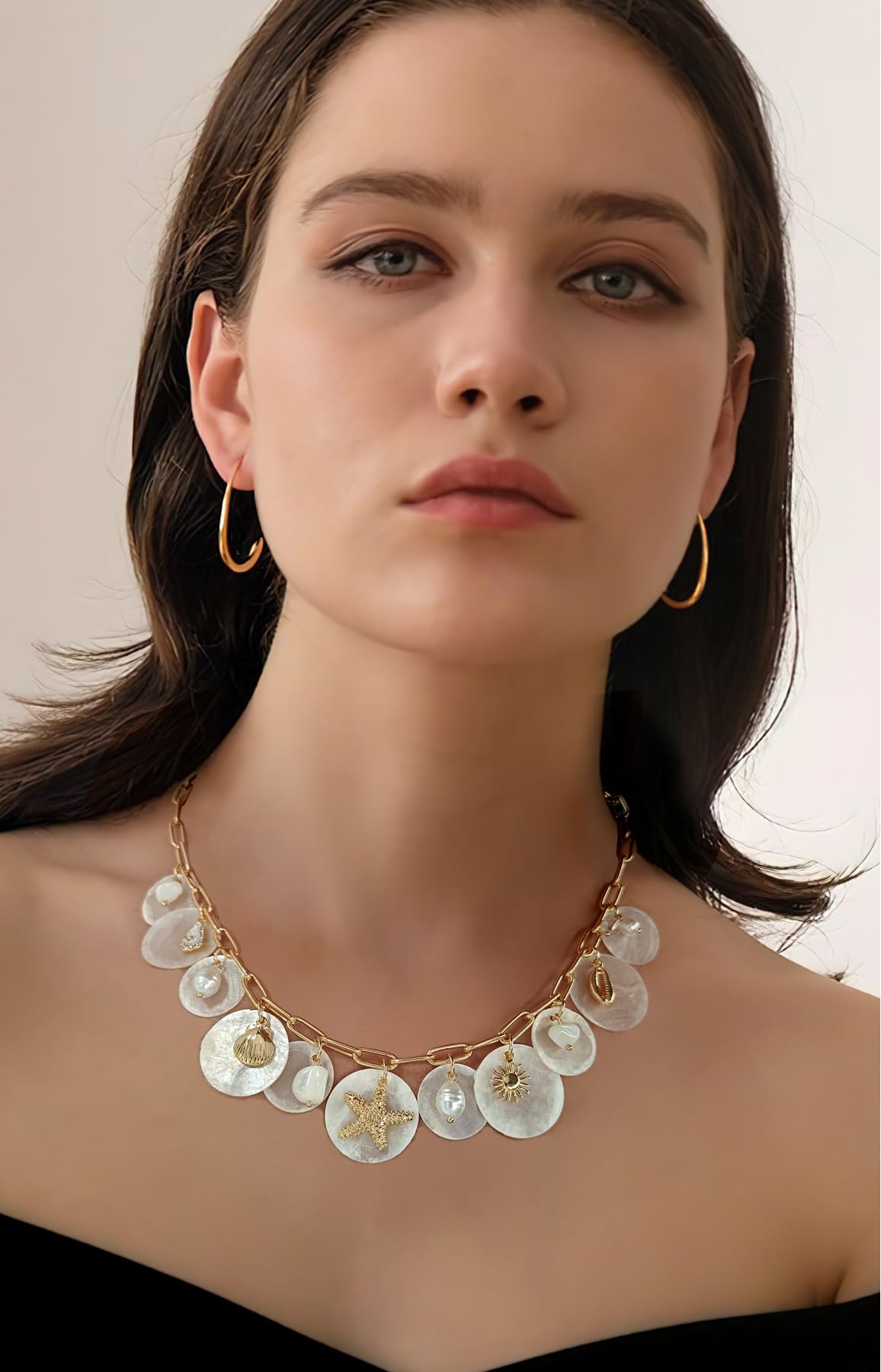 LILIE&WHITE Sea Shell Necklace For Women With Ocean Disc Charms Conch Starfish Necklace Summer Beach Necklaces Mermaid Necklaces Paper Clip Chain Fashion Jewelry
