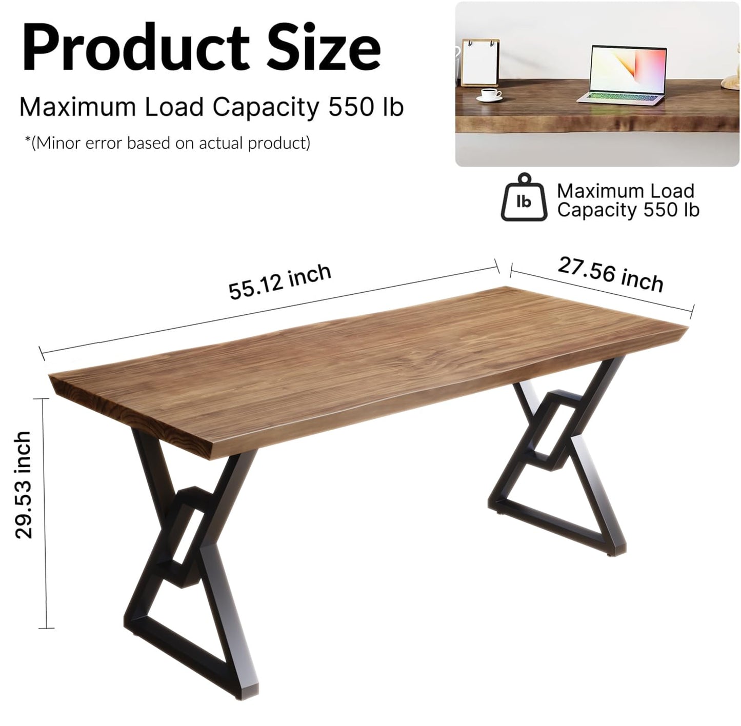 jmzx store Solid Wood Rustic Style 55.1-inch Computer Desk - Large Office Desk for Home Office, Modern and Simple Design, Ideal for Dining,Study, Writing (Black-w, 55.12 * 27.56 * 29.53)
