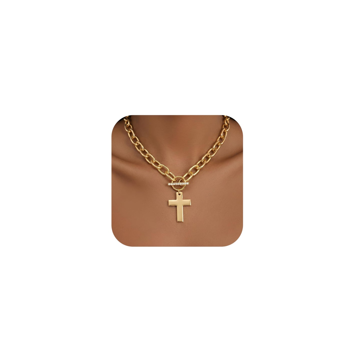 FAXHION Chunky Cross Necklace for Women, Gold Toggle Chain Statement Necklace with Hammered Cross Pendant, Vintage Chunky Necklace Jewelry Gift for Women
