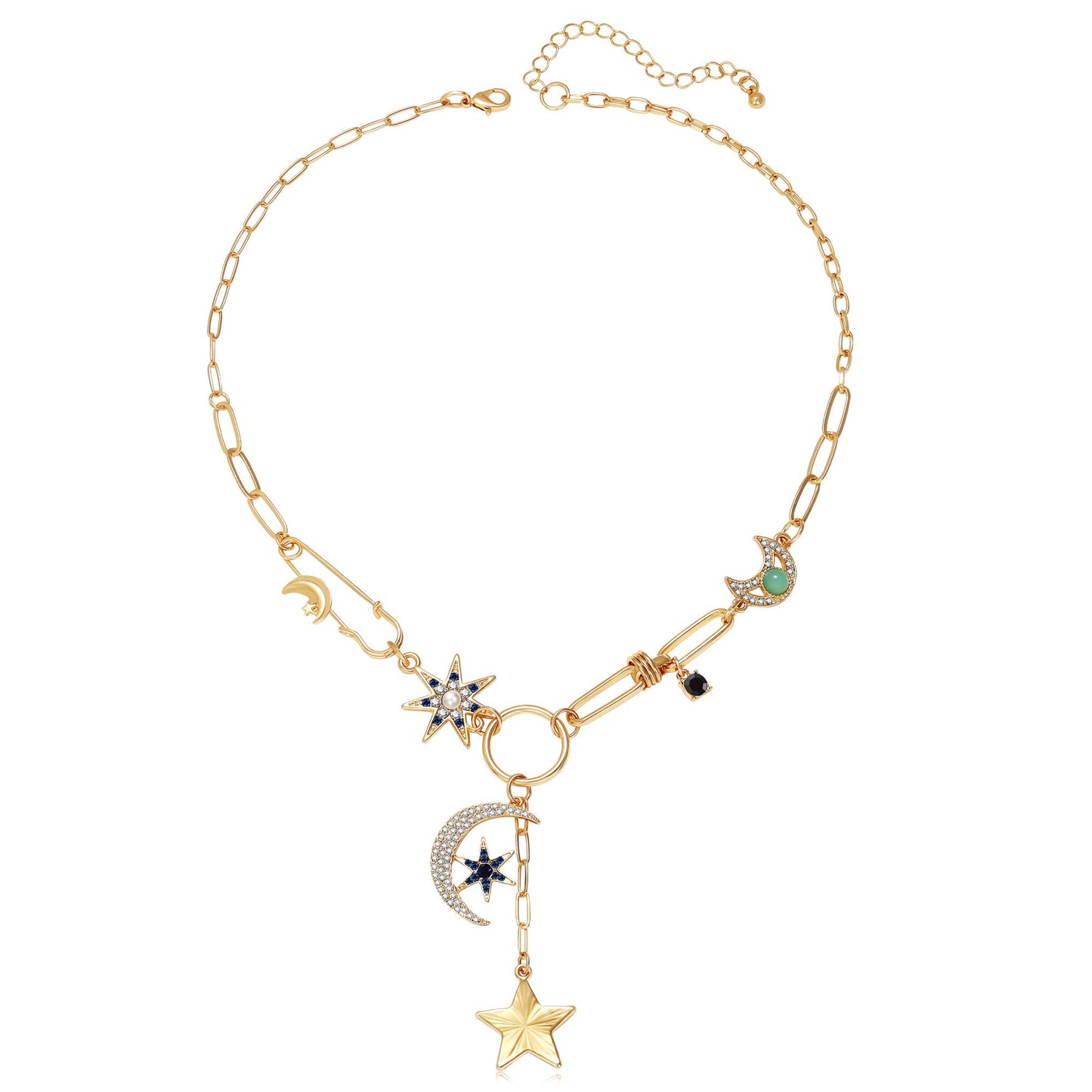 BONJOULRY Charm Necklace for Women Gold Moon and Star Charms Pendant Necklace Vintage Dainty Paperclip Chain Chunky Boho Gothic Y Choker Necklace Jewelry Gifts Celestial