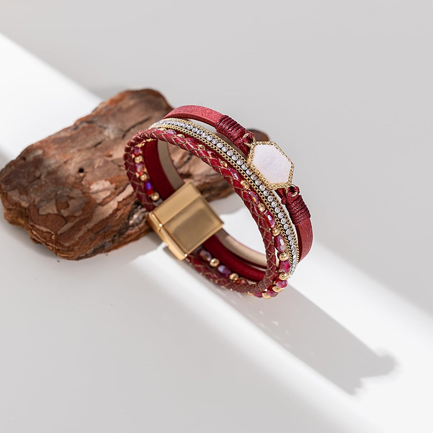 FANCY SHINY Crystal Beaded Leather Wrap Bracelet Stackable Boho Jewelry for Women Trendy Braided Resin Stone Bangle Cuff with Magnetic Clasp(Burgundy)