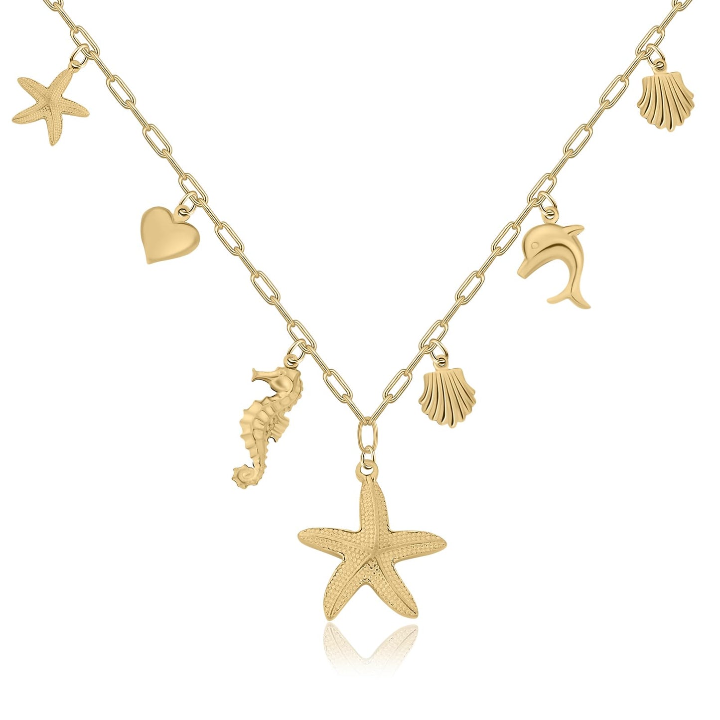 Chunky Gold Necklace Statement Boho Beach Ocean Summer Stainless Steel Jewelry Shell Starfish Turquoise Dolphin Pearl Sun Flower Wave Heart Fish Charm Choker Necklaces for Women(Gold)