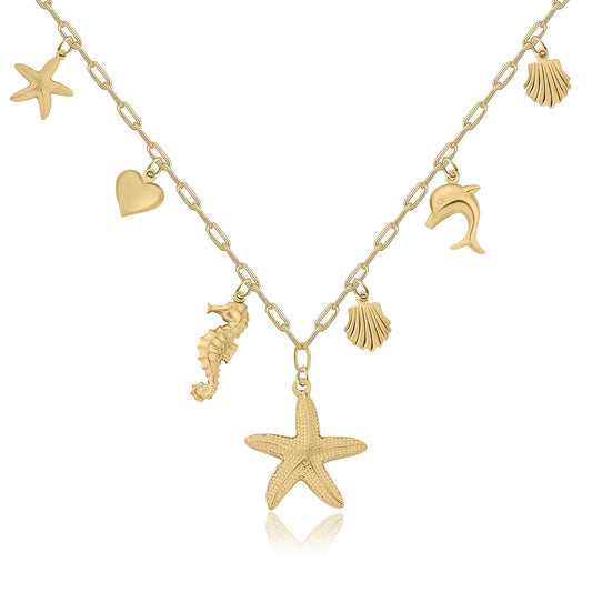 Chunky Gold Necklace Statement Boho Beach Ocean Summer Stainless Steel Jewelry Shell Starfish Turquoise Dolphin Pearl Sun Flower Wave Heart Fish Charm Choker Necklaces for Women(Gold)