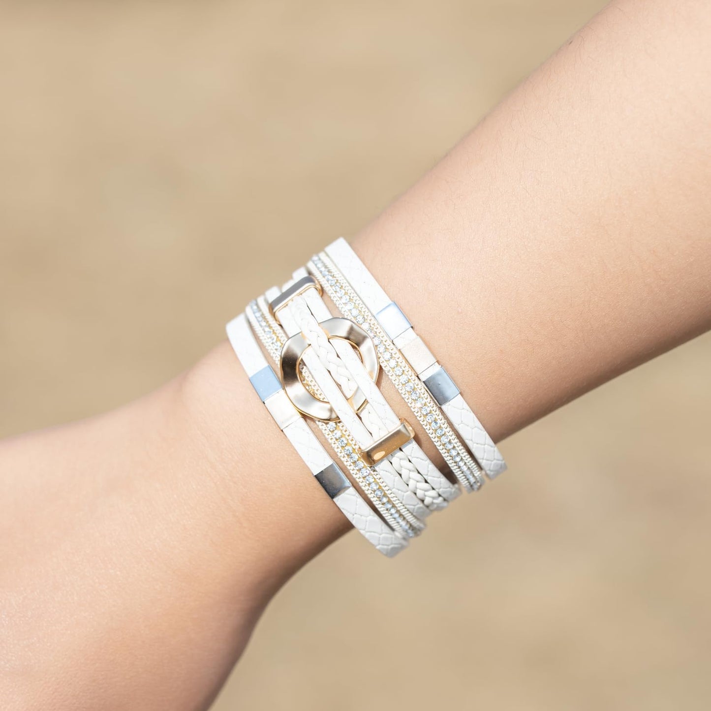 FANCY SHINY Boho Leather Wrap Bracelets Circle Square Bead Braided Handmade Stackable Bracelet Trendy Cuff Bangle for Women(White)