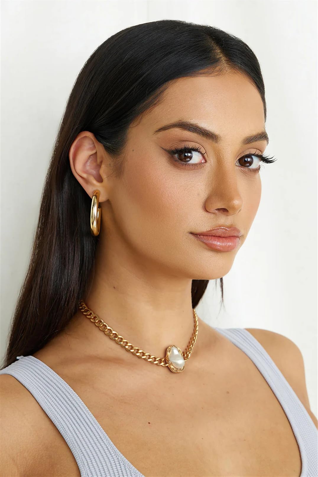 Chunky Gold Plated Baroque Pearl Necklace, Statement Cuban Chain Choker Necklace for Women