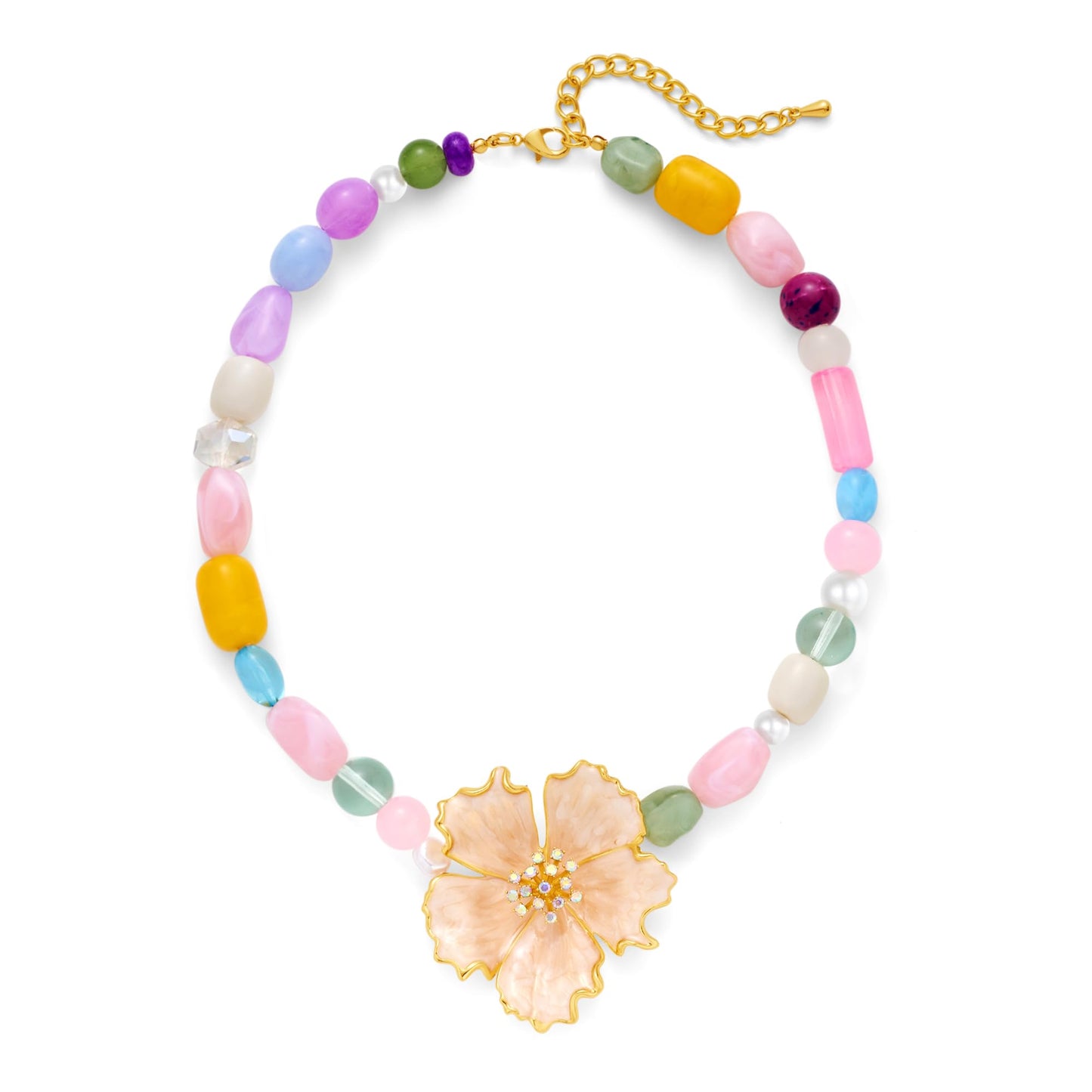 CLASSYZINT Flower Pendant Necklace Colorful Beaded Choker with Gold Flower Pendant Boho Summer Everyday Party Accessory for Women