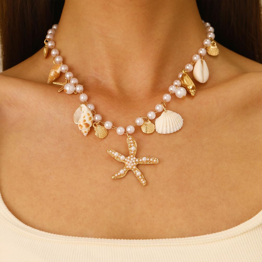Charming Beachy Sea shell star Starfish Necklace for Women, Dainty Boho Beaded Pearl Seashell Conch Choker Necklaces Cute Beach Holiday Jewelry Accessories (Gold)