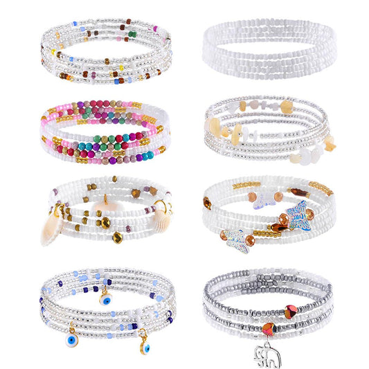 ELABEST 24-39inch African Waist Beads for Women 8Pcs Elastic Belly Beads Colorful Beaded Waist Jewelry Accessories Body Chain (White, 47.2inch/120cm)