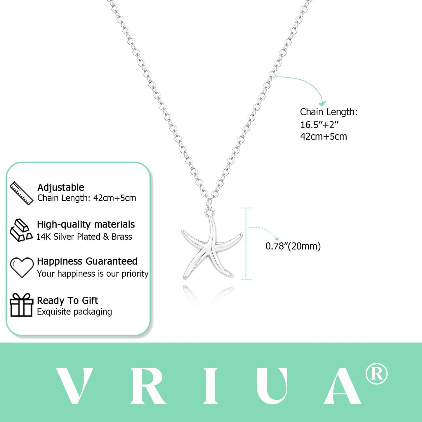 VRIUA Starfish Necklace for Women – 14K White Gold Plated Silver Pendant – Dainty Ocean Beach Jewelry Gift