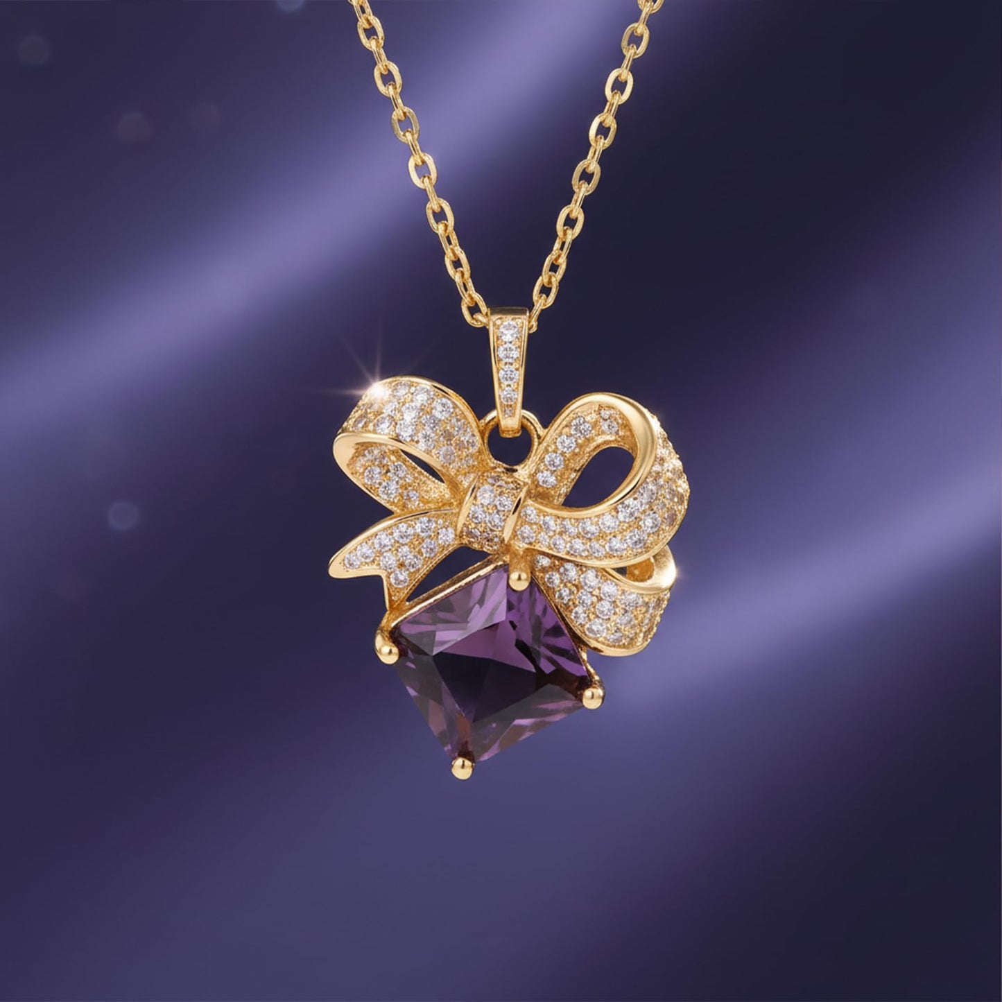 Purple Baroque Square February Birthstone Amethyst Bow Necklace for Women-Gold Plated Amethyst Pendant Waterproof Non Tarnish Maximalist Jewelry Necklace Birthday Valentines Day Mother's Day Christmas Thanksgiving Gifts