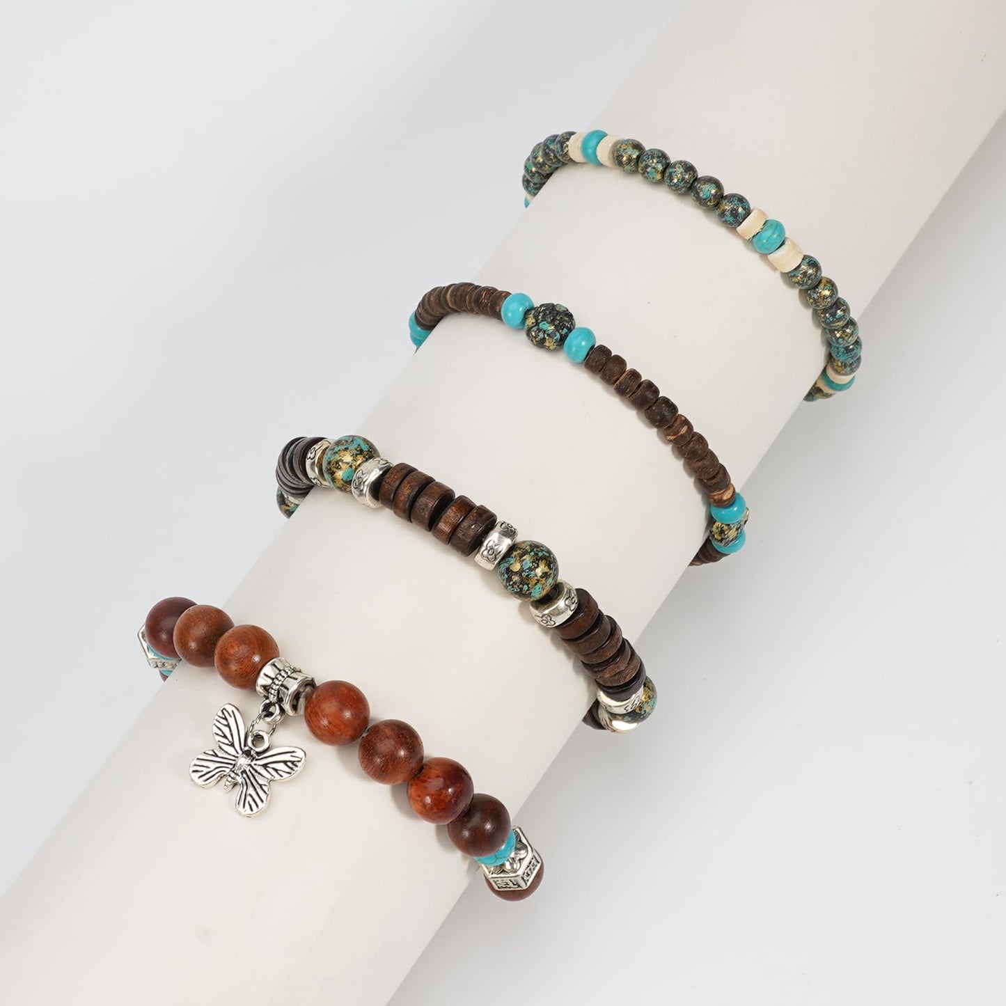 Briutn Boho Wooden Beads Bracelets Punk Gothic Bracelet for Men Women Adjustable Vintage Wood Beaded Bracelet Set