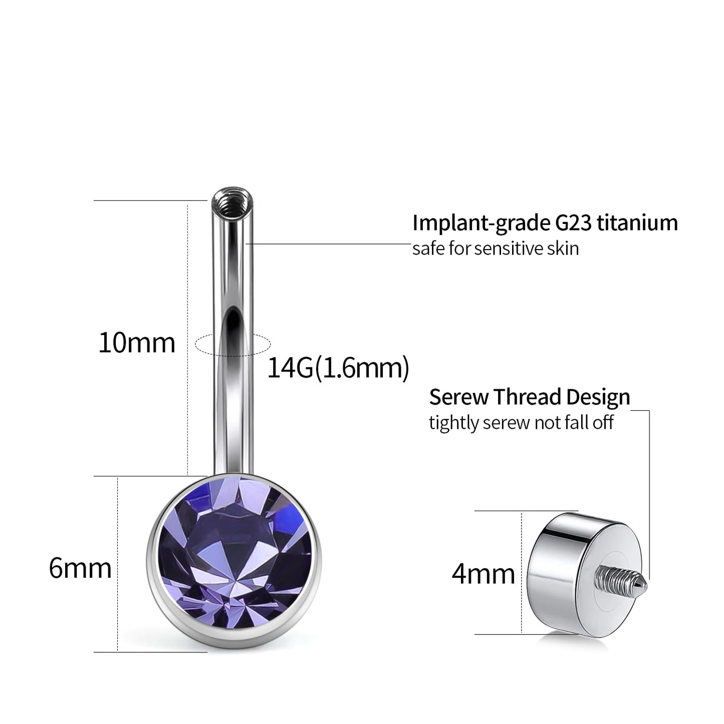 XUU Titanium Belly Button Rings, Black & Silver – 14G Internally Threaded Navel Piercing Jewelry, 10mm & 12mm Curved Barbells with 7 Colors Gems – Hypoallergenic (Silver-Violet cz, 10MM)