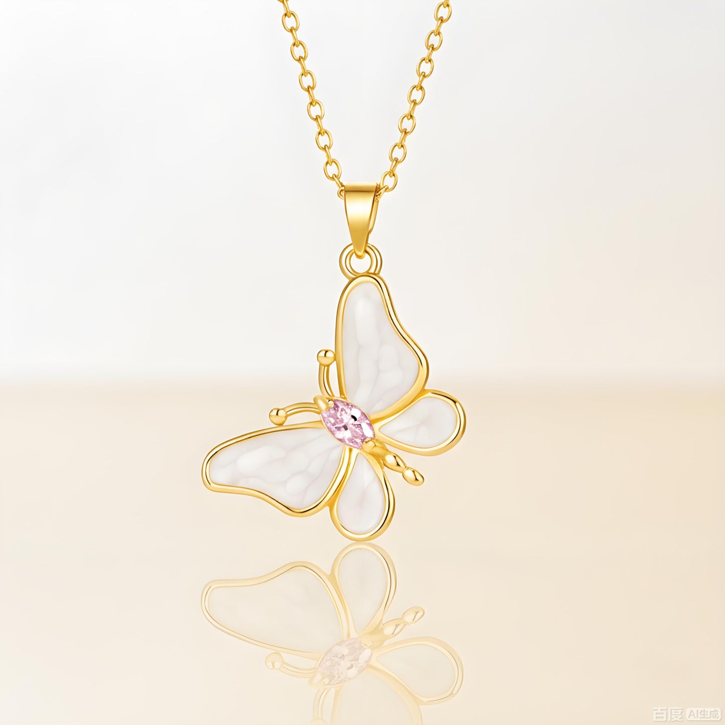 AUMRET White Enamel Lepidolite Butterfly Necklace For Women-Gold Plated Rose Quartz October Birthstone Necklace For Birthday Valentine's Day Mother's Day Christams Gifts