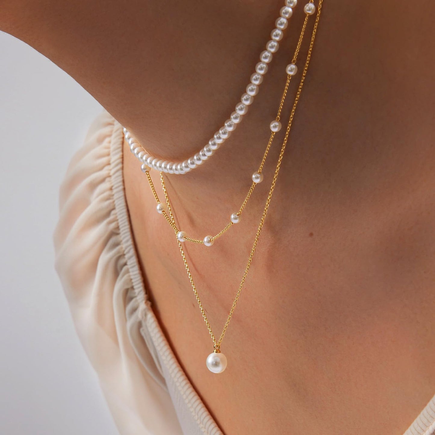 OGD Pearl Necklace for Women Trendy Layered 14K Gold Plated Dainty Pearls Pendant Choker Set Handmade Pearl Strand Gold Necklace Stack Simple Cute Jewelry Gifts for Women