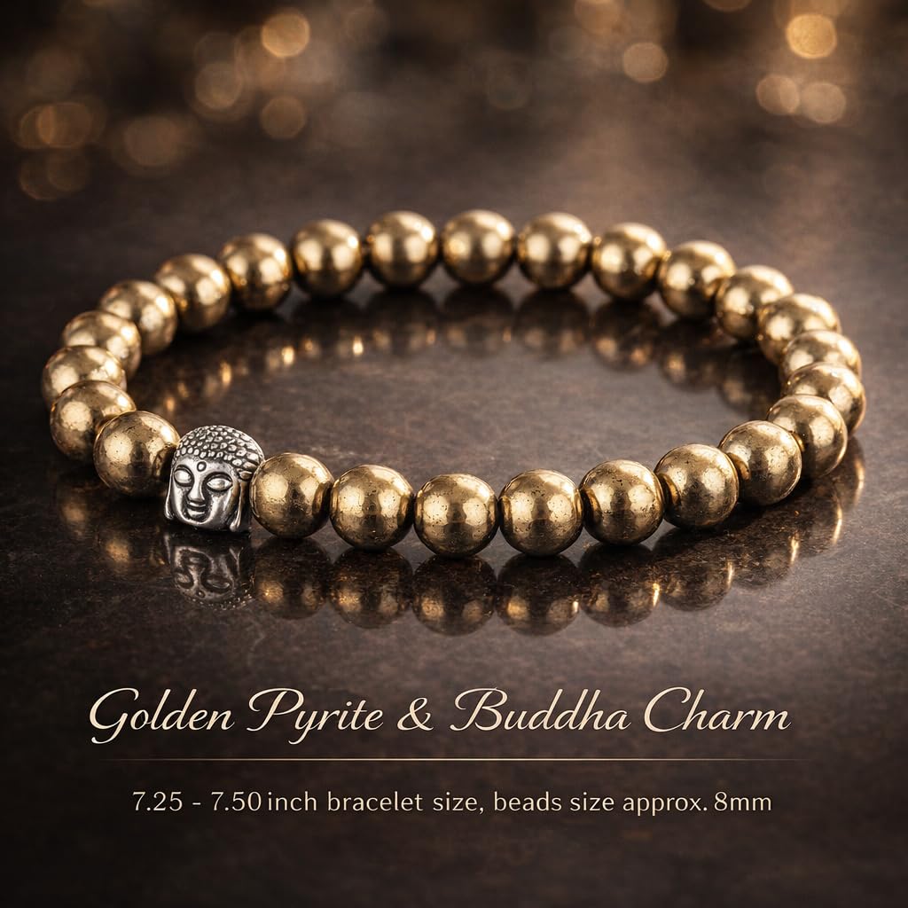 CRYSTALINES Buddha Charm Stretchable Braceclet, Natural Pyrite Gemstone Beads, Plain Round Stones, Handmade Boho Strech Bracelet, Adjustable Spiritual Healing Crystal Unisex Jewelry Gift