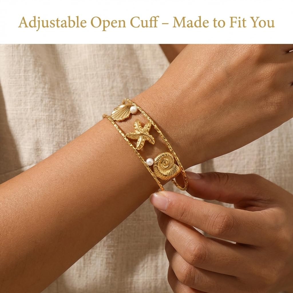 MystiGlimmer Starfish Open Cuff Bracelet for Women 18K Gold Plated Stainless Steel, Adjustable Ocean-Inspired Arm Cuff, Waterproof, Hypoallergenic Beach Jewelry Gift