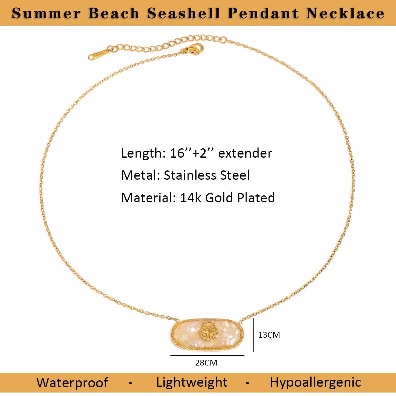 NUZON Enamel Seashell Pendant Necklace for Women Delicate 14K Gold Plated Chain Dangling Oval Inlay Yellow Shell Necklace Ocean Cute Jewelry Gift Adjustable 16''
