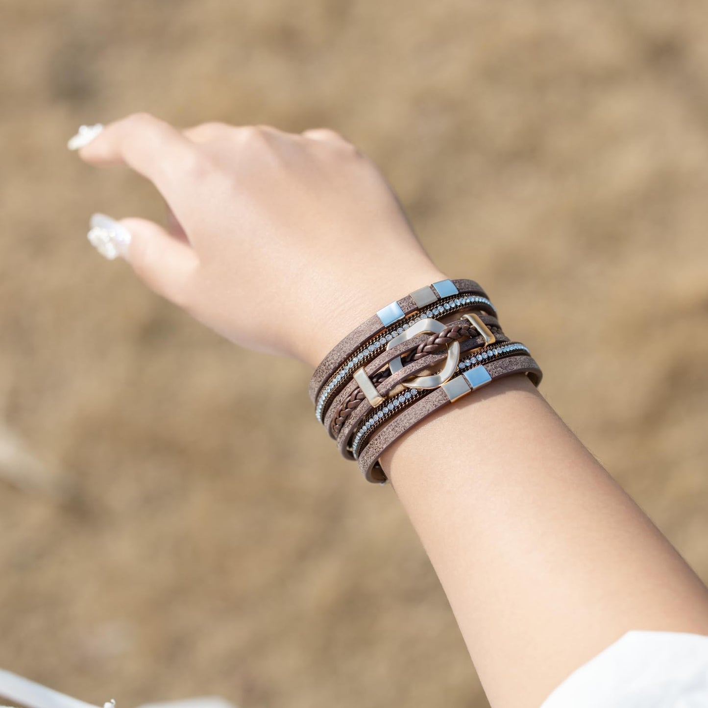FANCY SHINY Boho Leather Wrap Bracelets Circle Square Bead Braided Handmade Stackable Bracelet Trendy Cuff Bangle for Women(Brown)