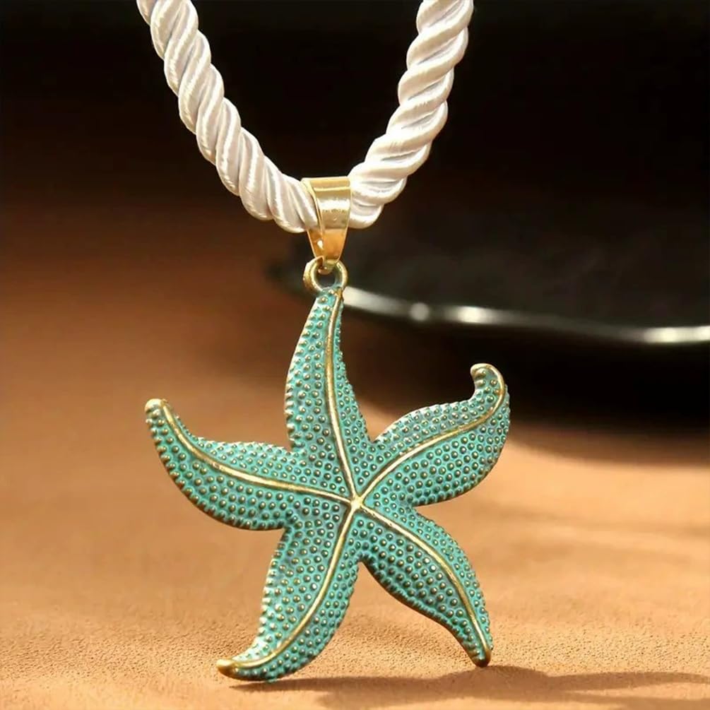 UANXLL Large Gold or Blue Starfish Pendant Necklace, Chunky White Rope Chain Big Sea Star Necklaces for Women Fashion Ocean Style Beach Party Prom Jewelry Gift (Blue)