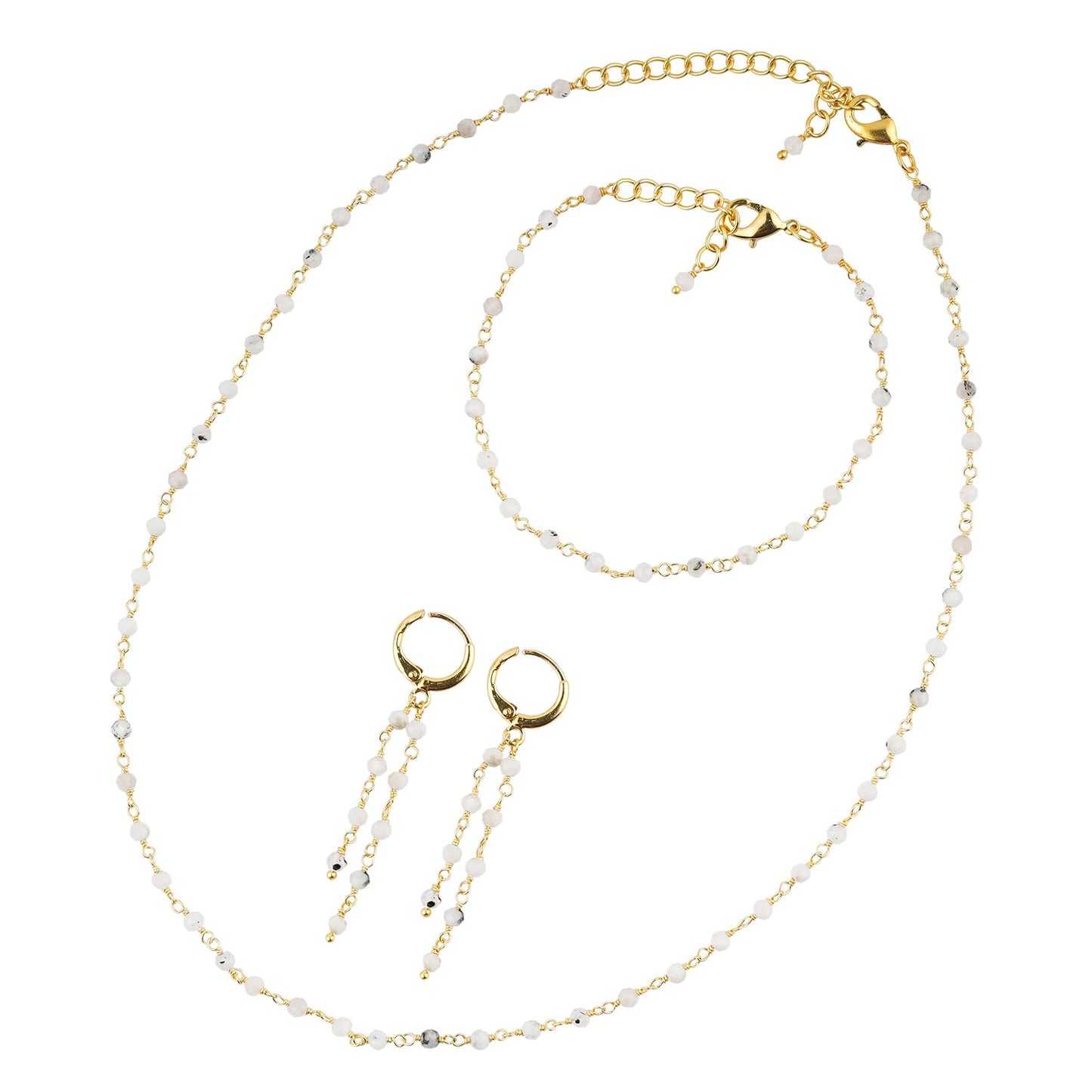 CRYSTALINES Beaded Rosary Chain Cluster Jewelry Set, Natural Rainbow Moonstone Gemstone, 14K Gold Plated Combo Set, Healing Crystals, Handmade Boho Jewelry-Bracelets, Necklace, Earrings for Her