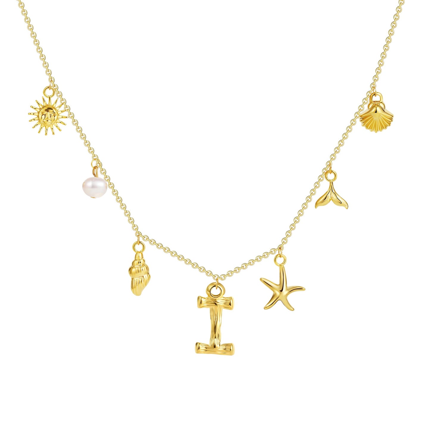 SLOONG Initial Charm Necklace 14K Gold Plated Letter Neckalce Freshwater Pearl Necklace Choker Boho Summer Seashell Beach Starfish Surfer Jewelry Gifts for Women I