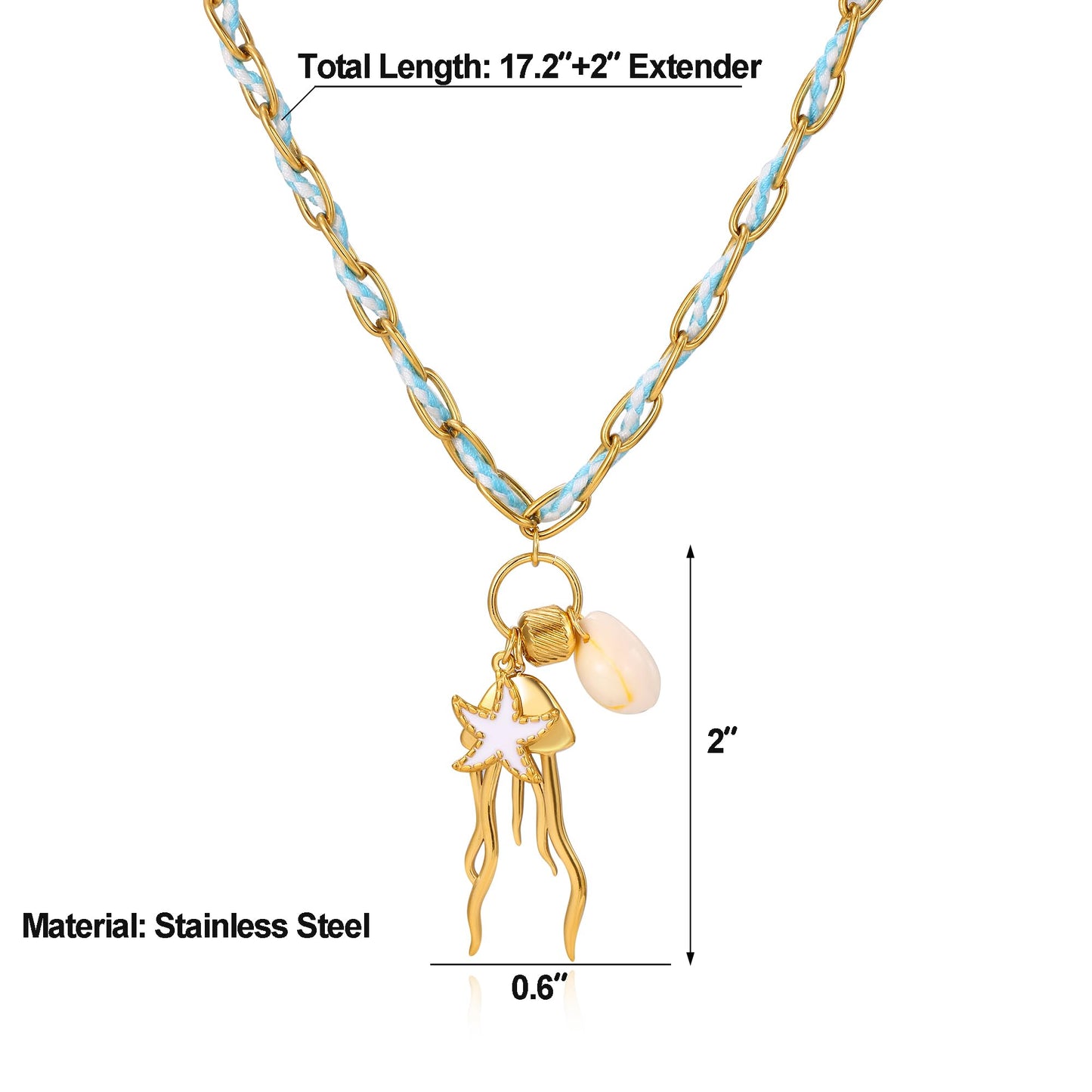 WASAIE Jellyfish Starfish Shell Blue Charm Braided Choker Necklace for Women, Adjustable Gold Plated Stainless Steel Paperclip Chain, Beach Surf Vacation Summer Travel Jewelry