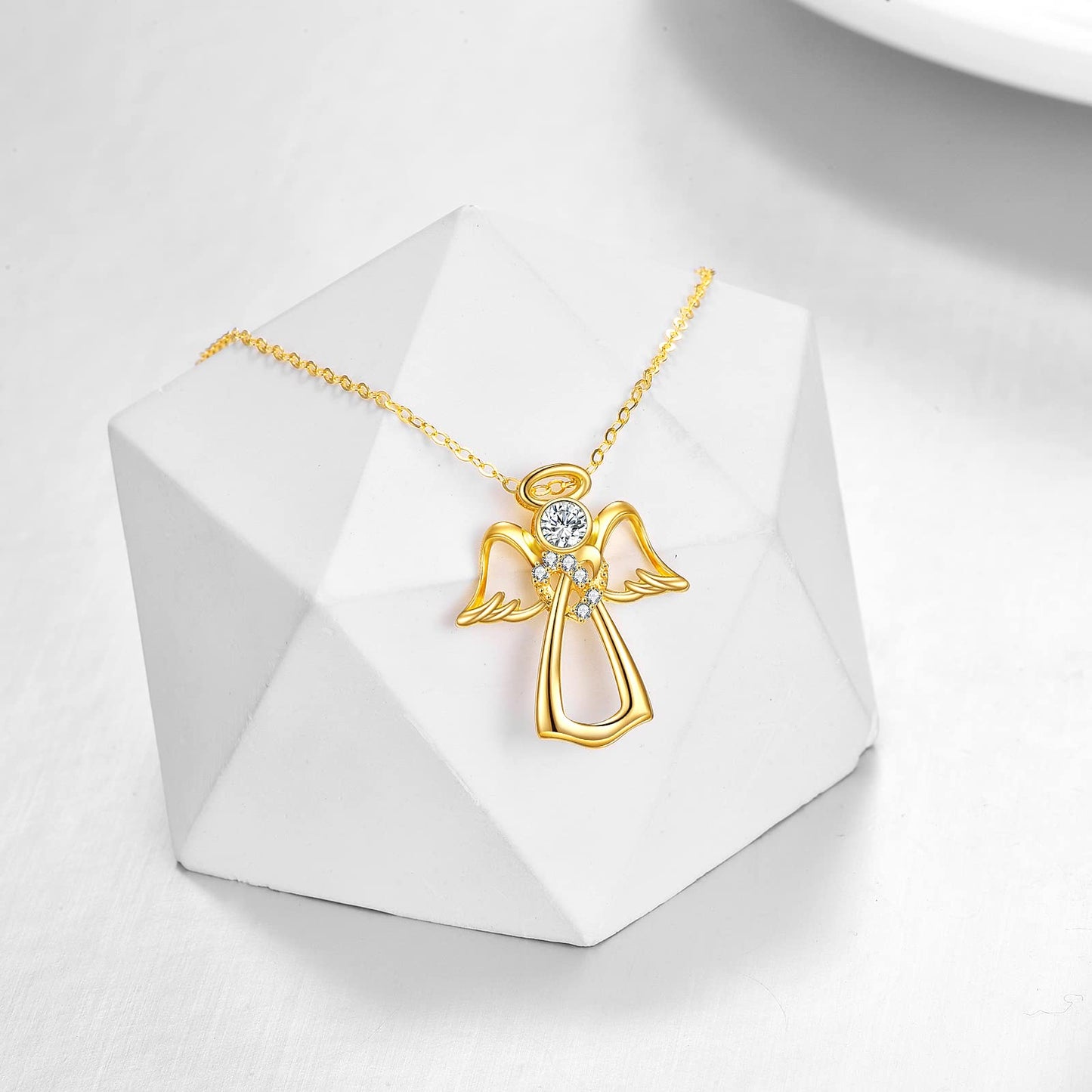 Yellow Gold Guardian Angel Necklace Heart Crystal Angel Wings Pendant Necklace Gift for Women Daughter Wife Girlfriend (Angel02)