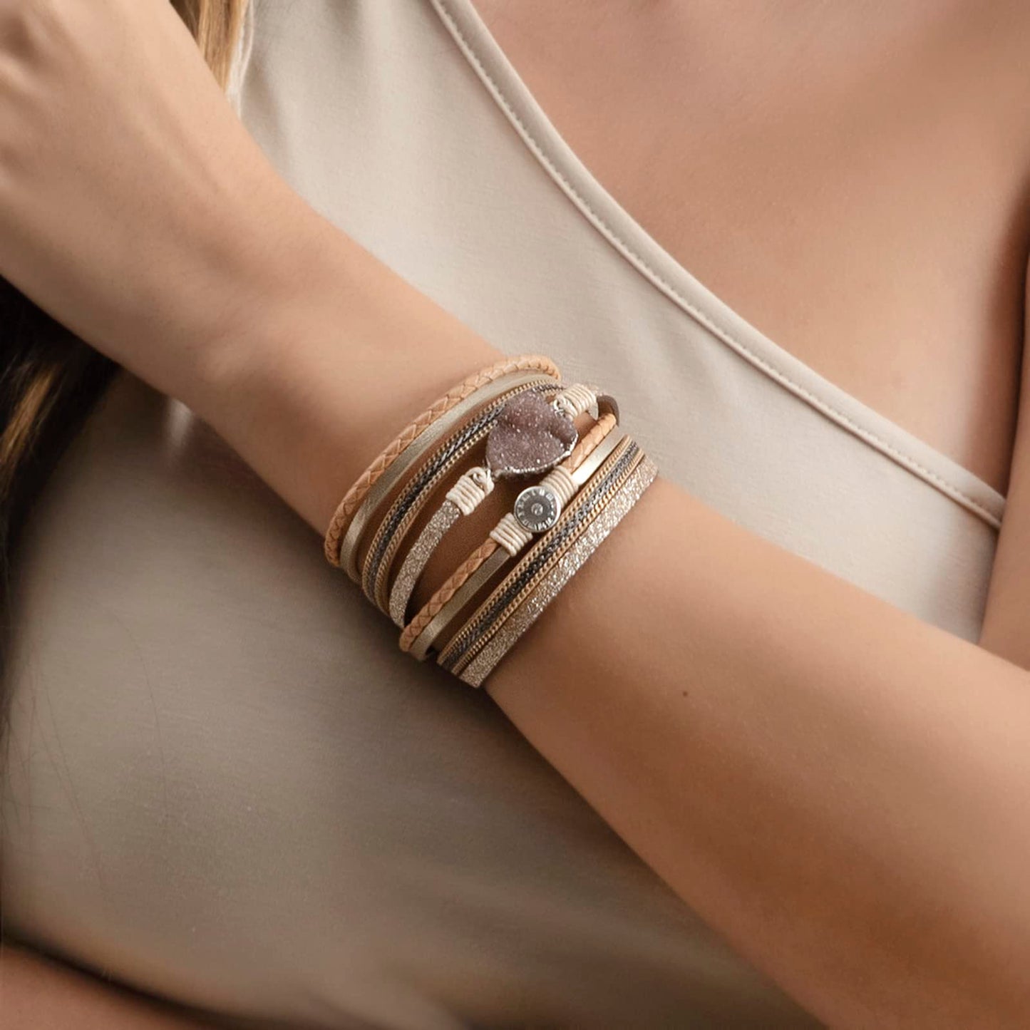 Artilady Leather Wrap Bracelet for Women - Handmade Clasp Bangle Bracelet with Pearl Beads Crystal Wristbands Jewelry Gift for Ladies and Mother