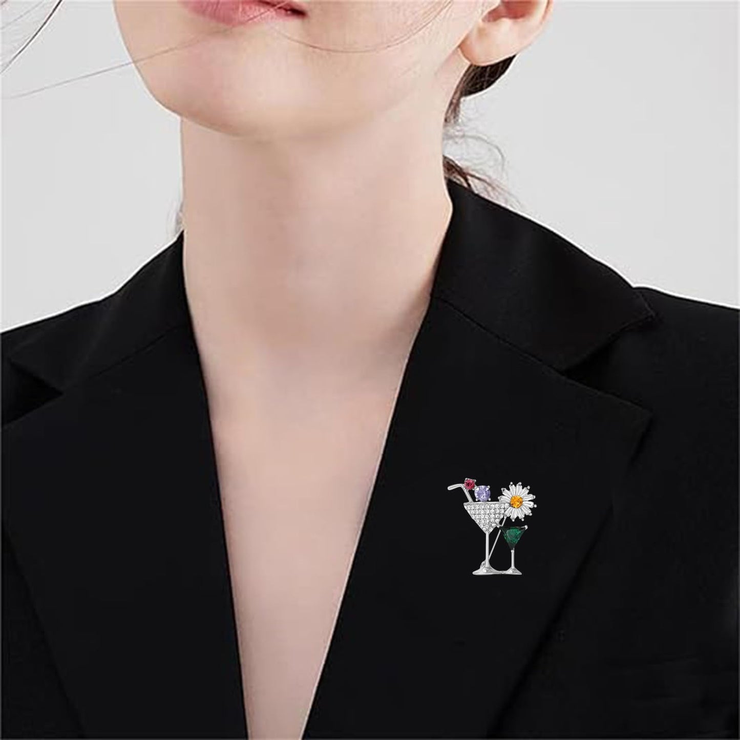 DEYOUM Cocktail Wine Glass Brooch Pin for Women Trendy Cute Cocktail Wines Glass Wine Bottle Brooch Pin Party Hat Bag Suit Charm Jewelry Gift Accessories (silver)