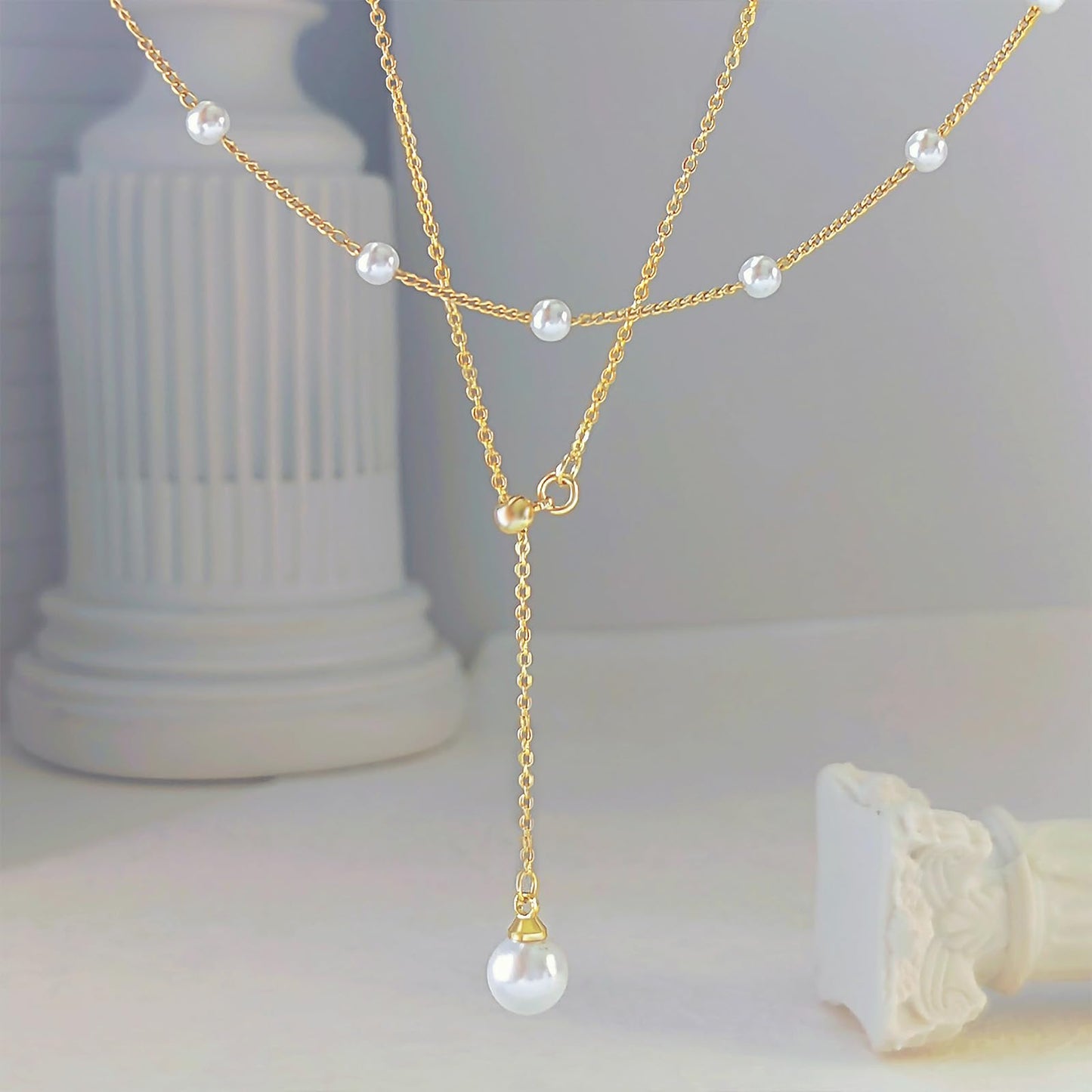 OGD Pearl Necklaces for Women Trendy 14K Gold Plated Dainty Pearls Satellite Choker Strand Handmade Delicate Wedding Pearl Gold Lariat Pendant Long Necklace Simple Cute Jewelry Gifts for Women