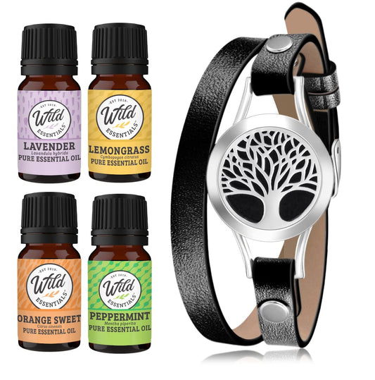 Wild Essentials Tree of Life Essential Oil Leather Wrap Bracelet Diffuser Kit, Gift Set, Lavender, Lemongrass, Peppermint, Orange Oils, 12 Pads, Customizable Color Changing Perfume Jewelry, Black