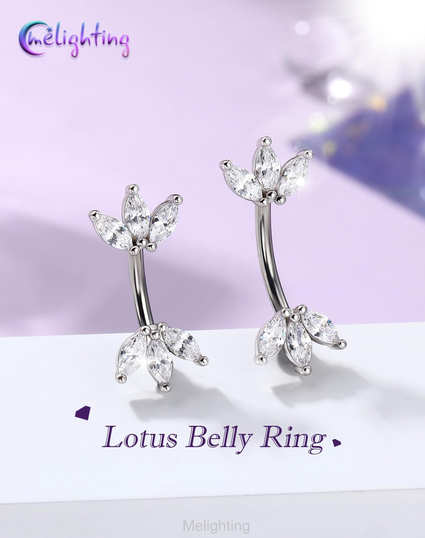 Melighting 14G Lotus Belly Button Ring, Double CZ Navel Ring 316L Surgical Stainless Steel Marquise 5A CZ Steel Belly Bar 8 mm