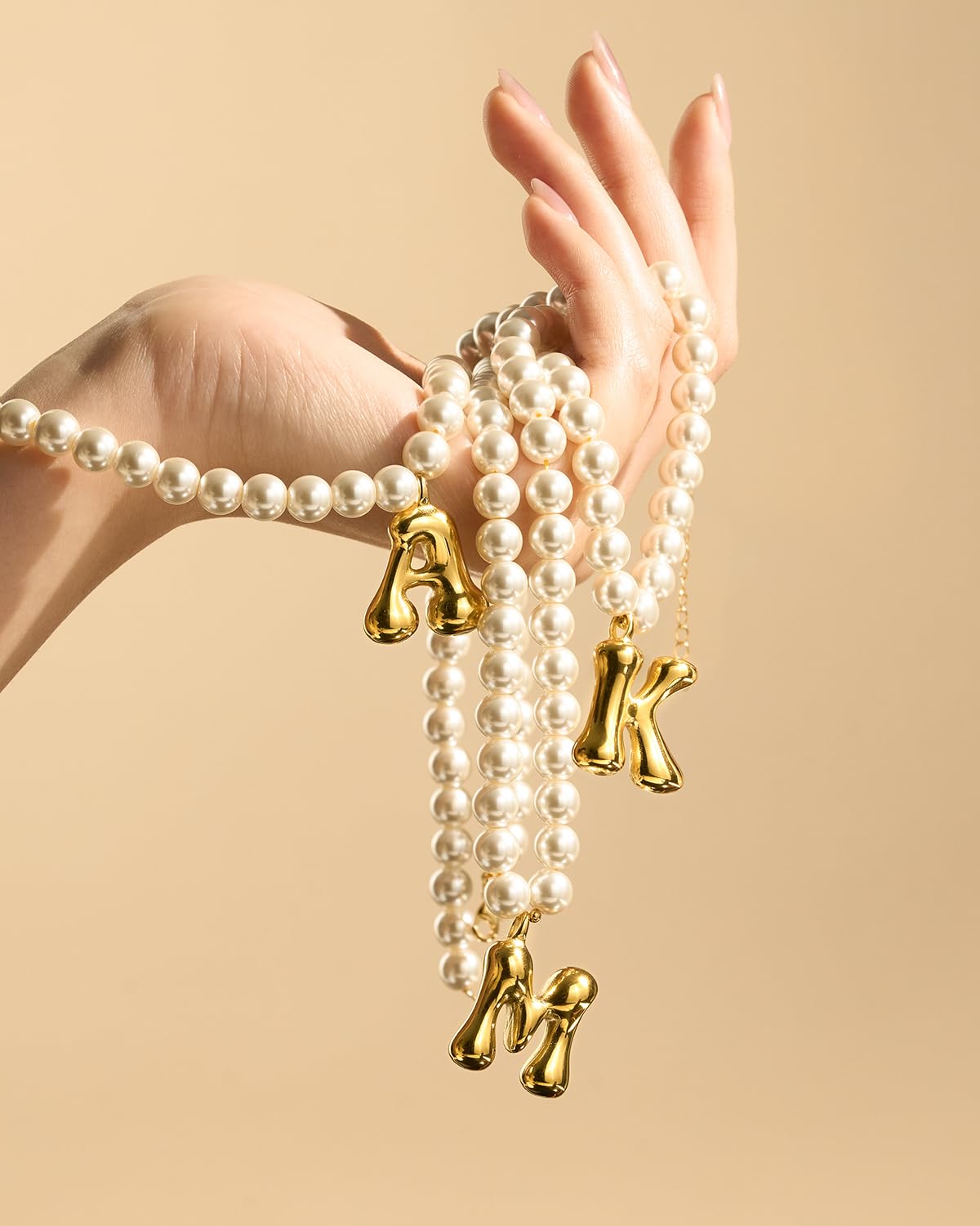 DoDoBeads Pearl Initial Necklace, 18K Gold Plated Stainless Steel Balloon Letter Pendant A, Non-Tarnish Waterproof Chunky Monogram Jewelry Gifts for Women Teens