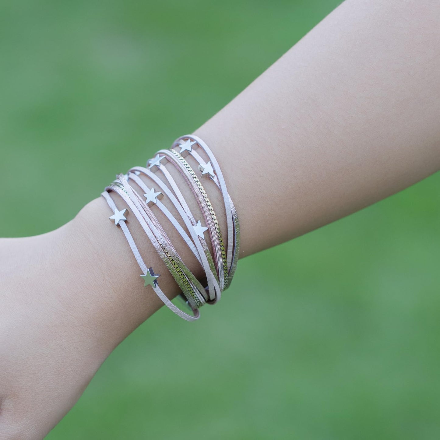 FANCY SHINY Leather Wrap Star Bracelet Boho Bangle Bracelets for Women Trendy Stackable Cute Star Bracelet with Magnetic Clasp(Rosy Metallic)