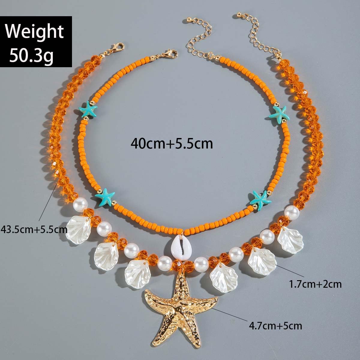 LKingel Gold Starfish Necklaces for Women Beaded Mermaids Starfish Shell Pearl Choker Pendant Necklaces Chunky Beach Necklace Mermaid Charm Necklace Summer Beach Jewelry for Women Orange2