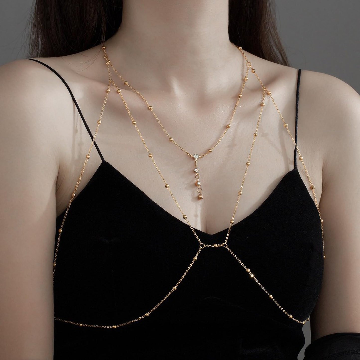 14K Gold Plated Body Chains for Women, Sexy Layered Belly Waist Chain Crossover Bikini Bra Chain, Summer Beach Rhinestone Body Jewelry(4 Imitation Diamonds)