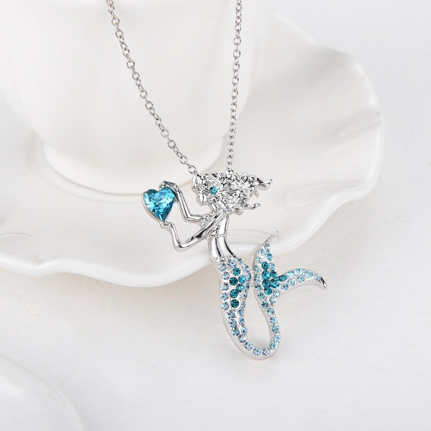 luomart Fashion Mermaid Birthstone Necklace Jewelry White Gold Plated Austrian Crystal Magic Pendant Gift (Aqua)